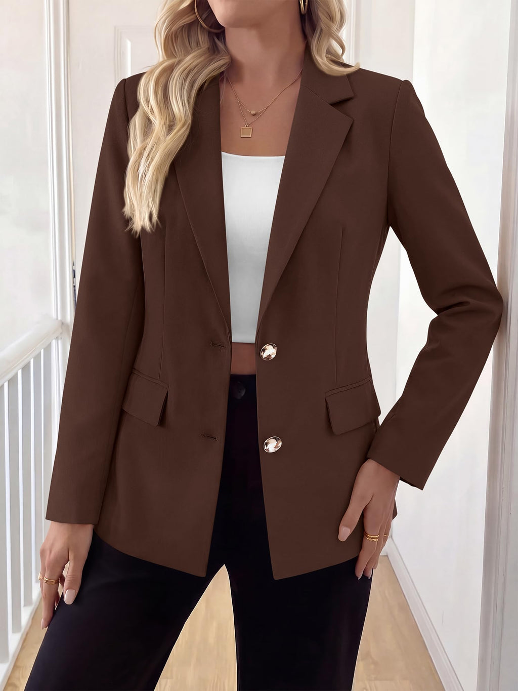 BTFBM Blazers for Women Business Casual Outfits Work Fall Clothes Breasted Notch Lapel, Long Sleeve, Gold Button, Fitted, Open Front Suit Jackets, Pockets, Dressy Professional Office Blazer