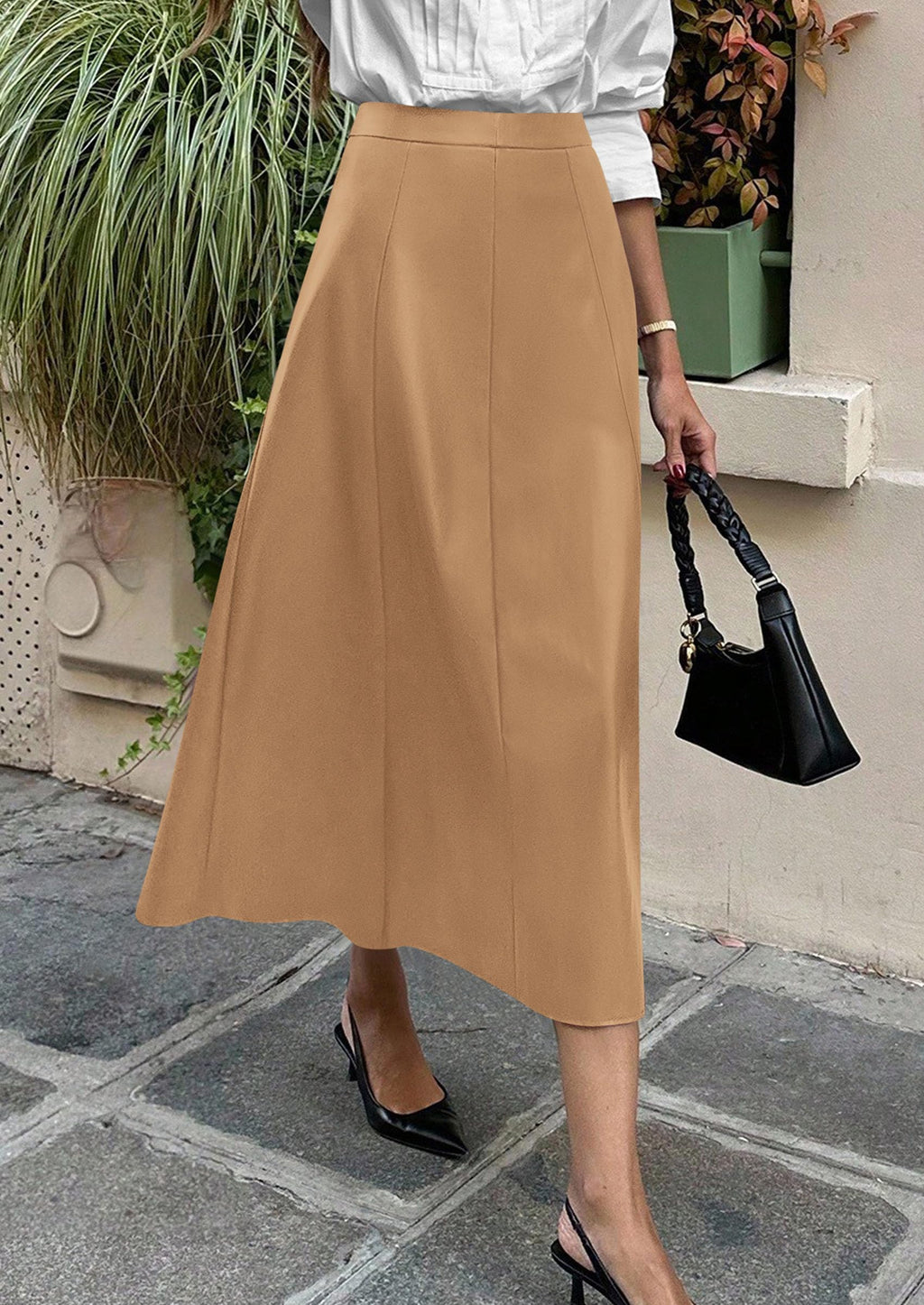 PRETTYGARDEN Womens Faux Leather High Waisted Midi Skirt | Flowy A Line Pleated Skirts, Elegant Swing Flared, Work Business Casual Outfits, Fall Winter Fashion Clothes