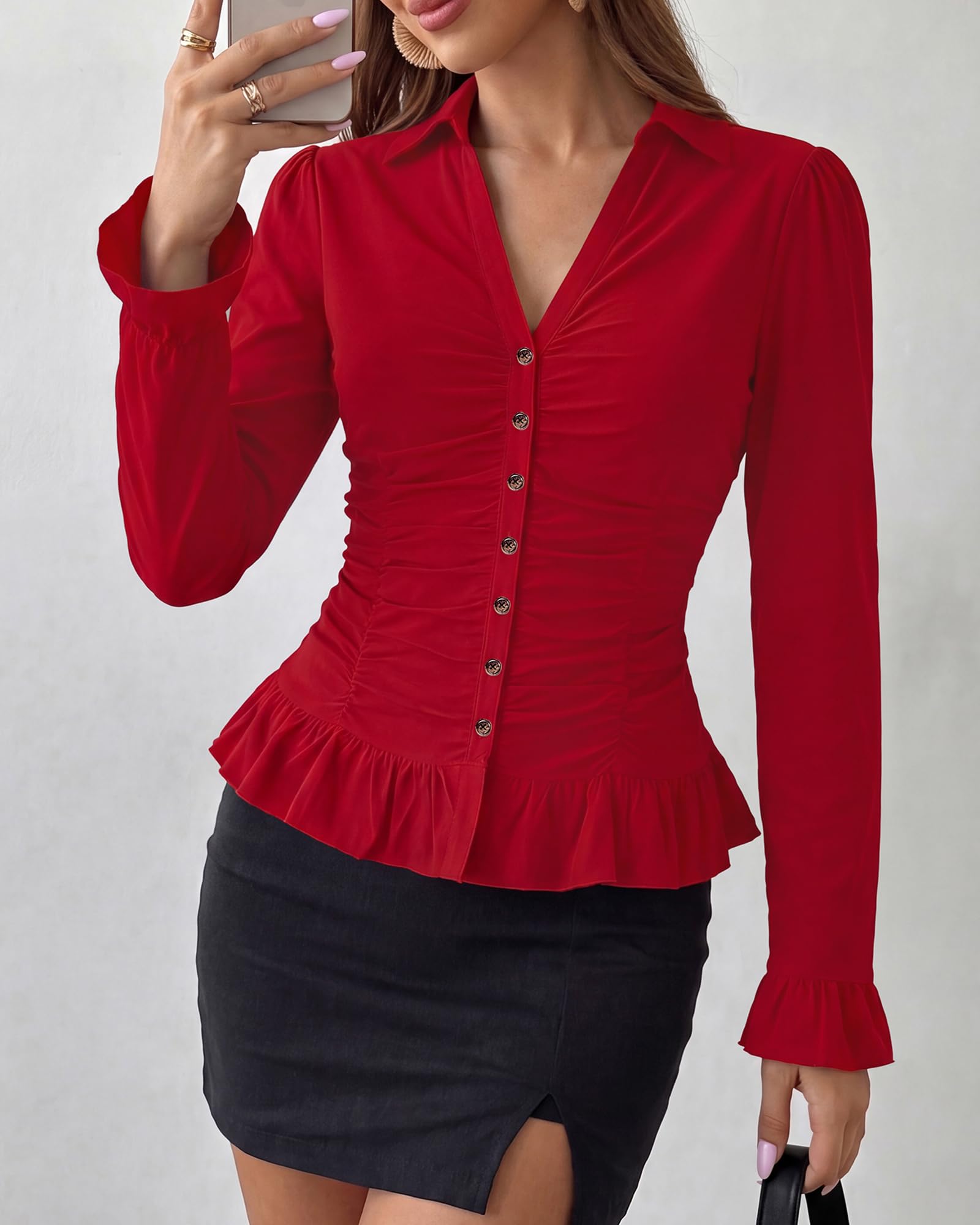 BTFBM Fitted Button Down Shirts for Women Dressy Casual Tops Collar V Neck Long Sleeve Ruched Tops, Stretchy Ruffle Blouses, Fall Fashion Clothing, Work Date Night Going Out Outfits