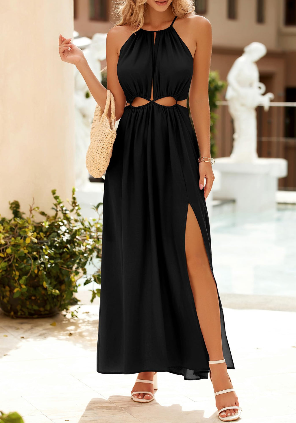 BTFBM Women Halter Summer Dresses Sleeveless Cutout Backless Sundress Slit Boho Maxi Beach Wedding Guest Dress