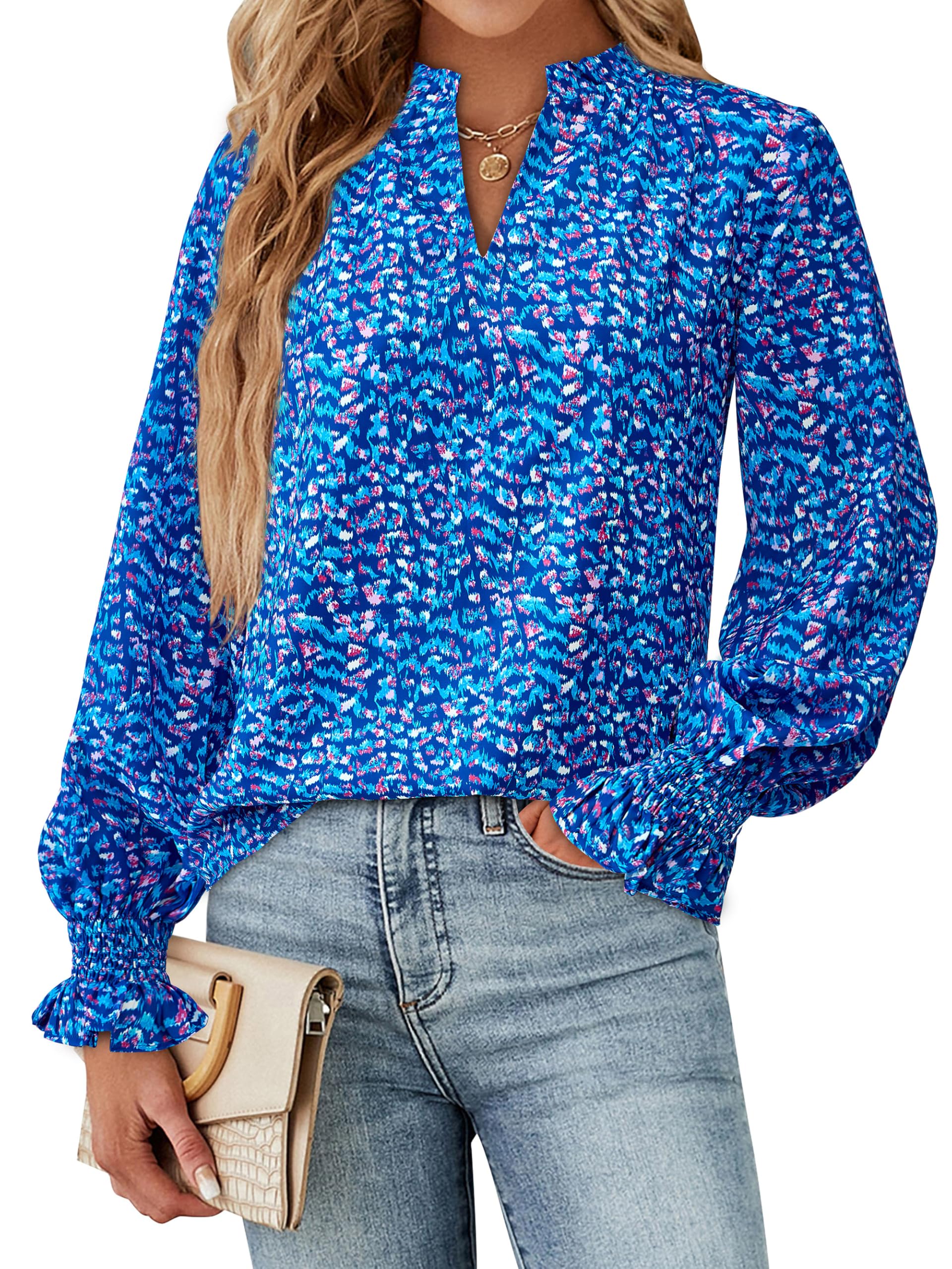 FreshPretty Womens V Neck Floral Long Sleeve Tops Summer Casual Loose Puff Sleeve Chiffon Boho Work Blouse Dressy T Shirts