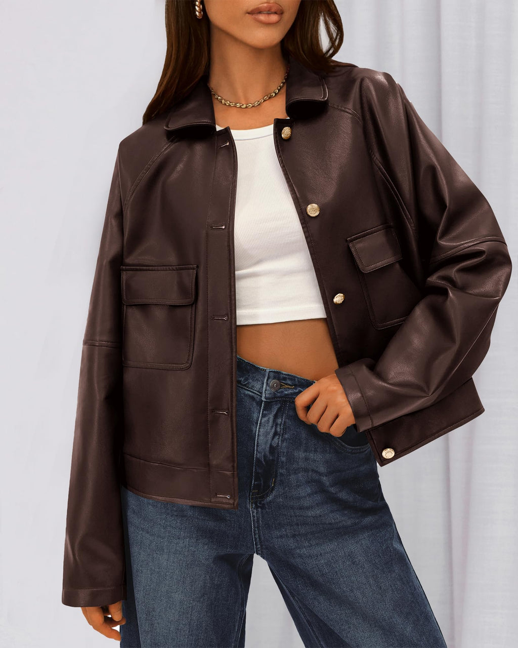 FreshPretty Leather Jacket Women Fall Clothes Long Sleeve Button Down Winter Coats Oversized Motorcycle Outwear