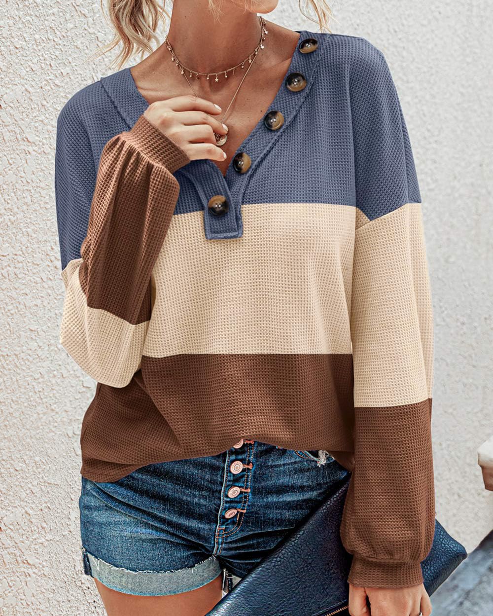 FreshPretty Womens Fall Fashion Long Sleeve Shirts Spring V Neck Loose Casual Deco Button Lightweight Waffle Knit Tops