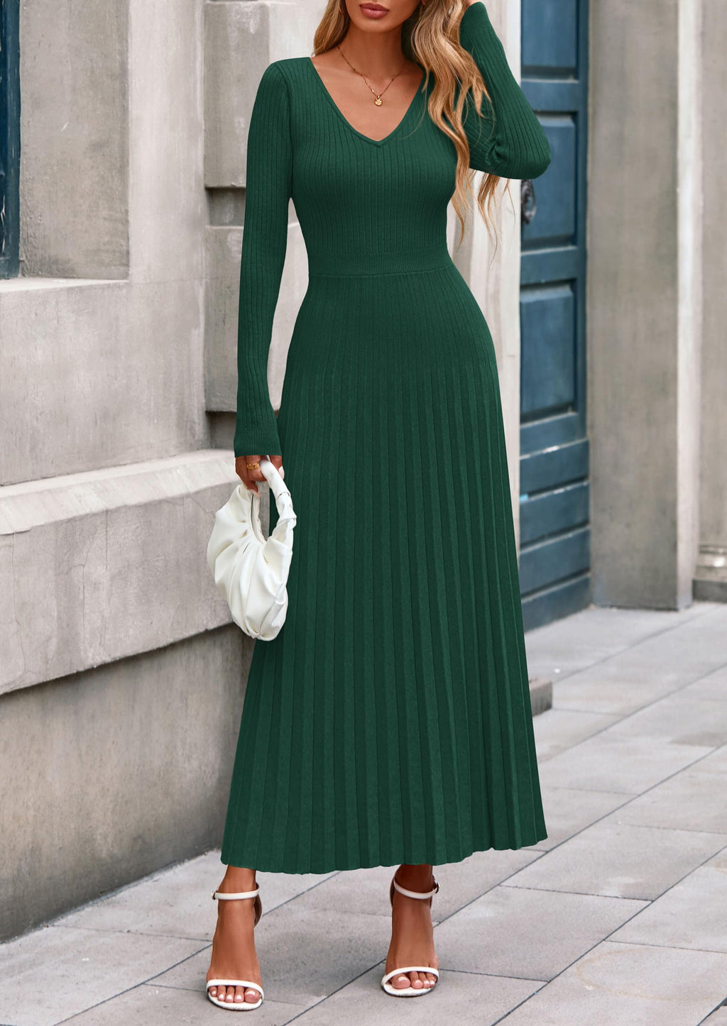PRETTYGARDEN Women Sweater Dress Fall Fashion Long Sleeve V Neck Ribbed Knit Pleated A Line Elegant Maxi Winter Dresses