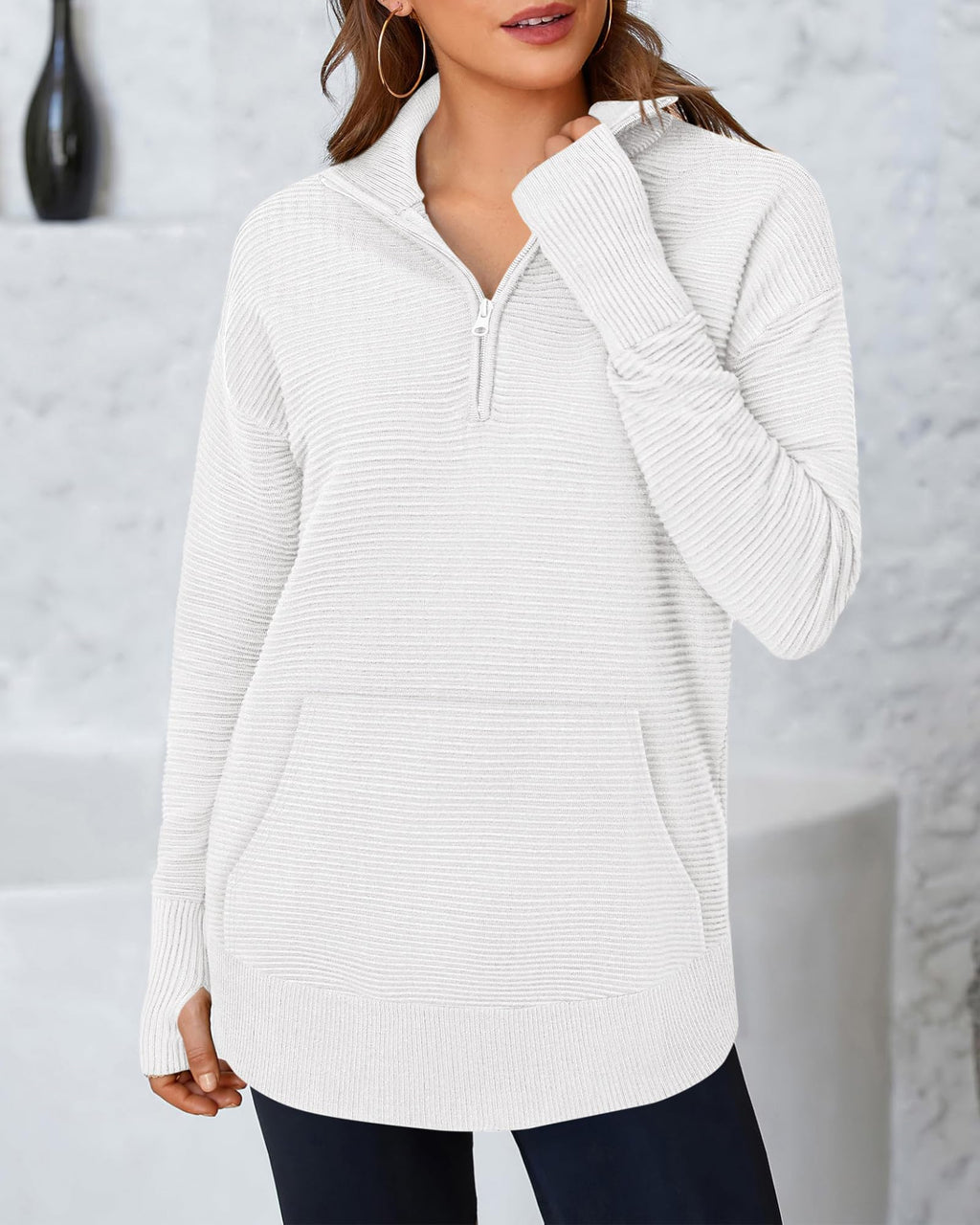 BTFBM Sweaters for Women Fall Clothes Pocket Quarter Zip Pullover V Neck Long Sleeve Knit Trendy Winter Sweater