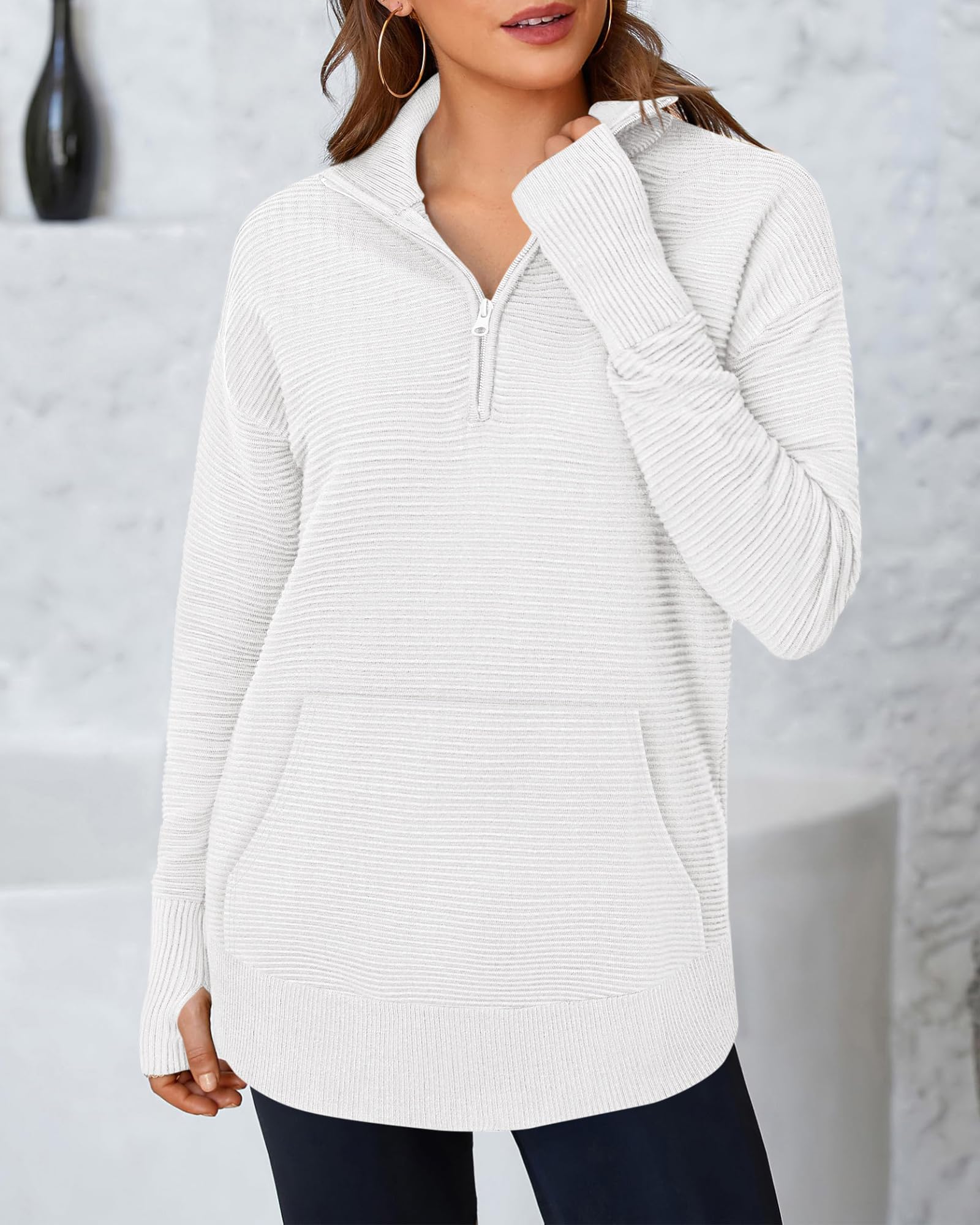 BTFBM Sweaters for Women Fall Clothes Pocket Quarter Zip Pullover V Neck Long Sleeve Knit Trendy Winter Sweater