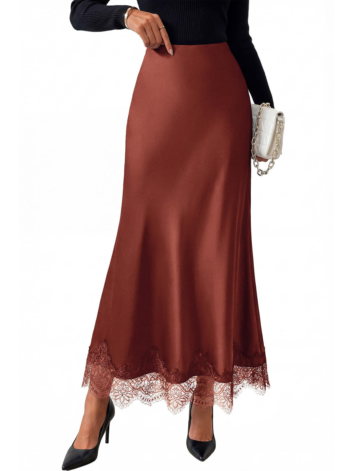 BTFBM Lace Trim Satin Skirts for Women Elegant | Lightweight, High Waist, A-Line, Flowy Maxi Skirt, Wedding, Cocktail, Graduation, Holiday Outfits, Fall Fashion Clothing