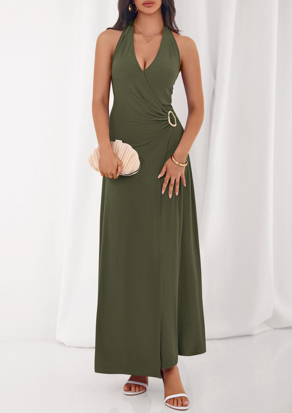 PRETTYGARDEN Holiday Cocktail Dresses for Women Summer Elegant V Neck Halter Backless Wedding Guest Party Midi Dress