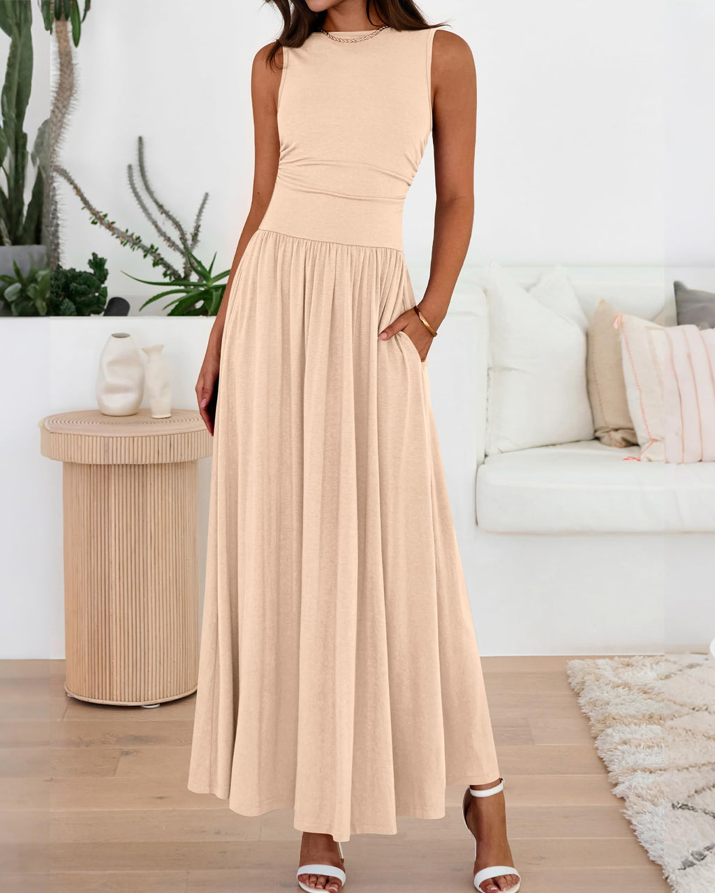 BTFBM Summer Maxi Dresses for Women Spring Sleeveless Casual Ruched High Waisted Long Sundress Flowy Beach Dress