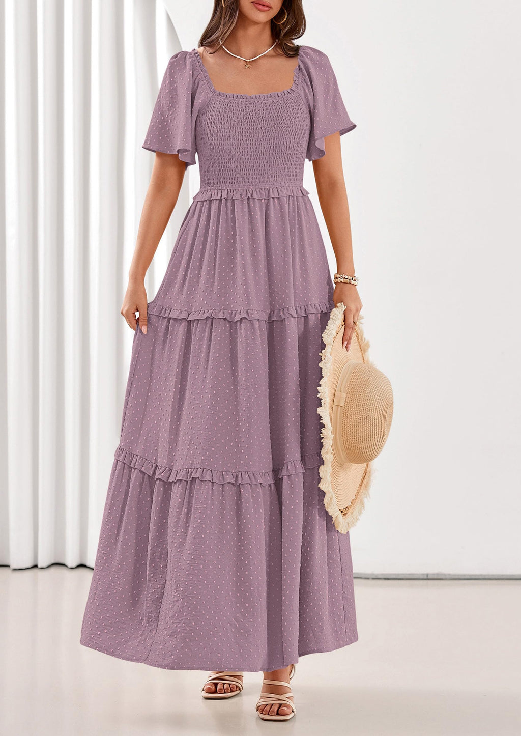 PRETTYGARDEN Summer Dresses for Women Boho Swiss Dot Smocked Square Neck Short Sleeve Spring Wedding Guest Maxi Dress