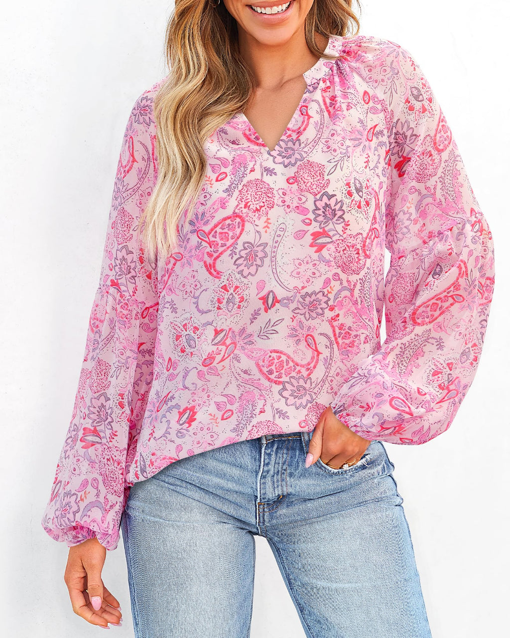 BTFBM Blouses for Women Dressy Casual Floral Summer Boho Tops V Neck Lightweight Long Sleeve Shirts Spring Clothes