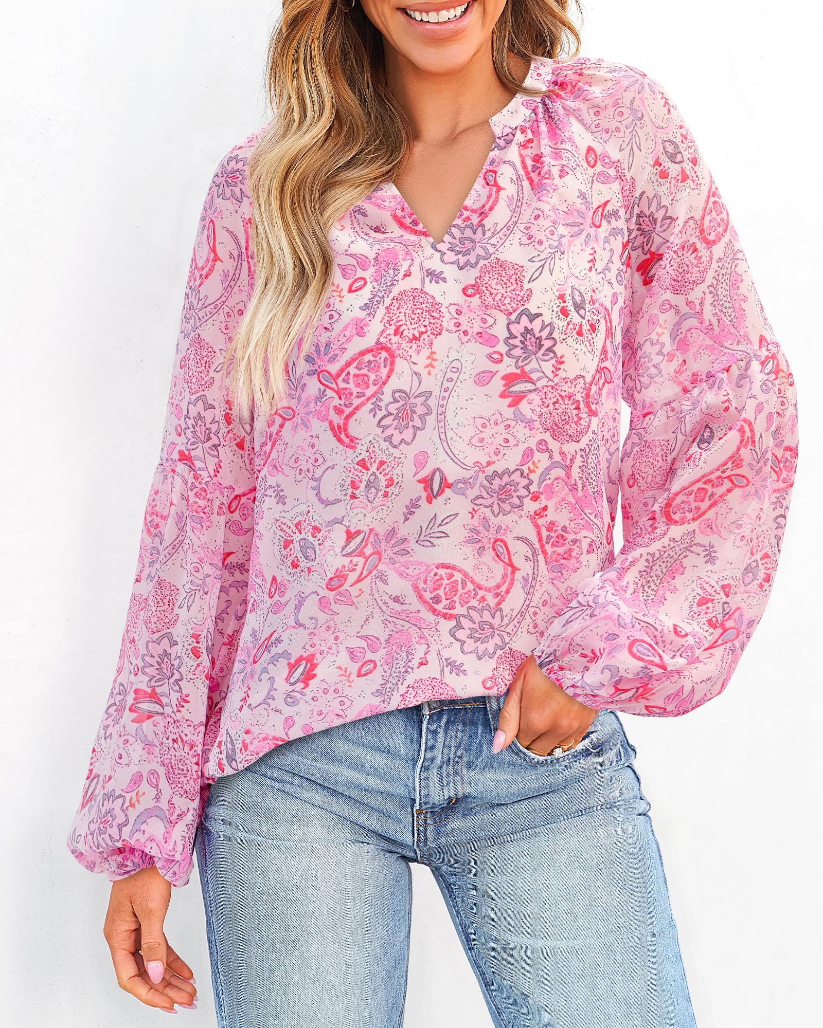 BTFBM Blouses for Women Dressy Casual Floral Summer Boho Tops V Neck Lightweight Long Sleeve Shirts Spring Clothes