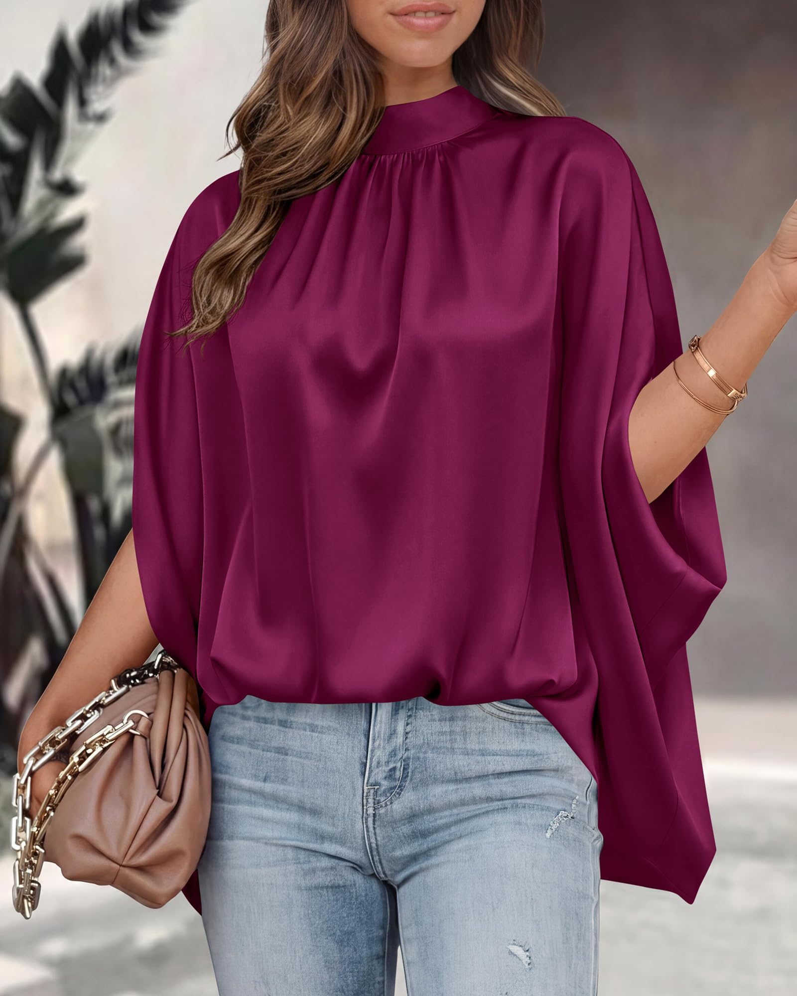BTFBM Womens Summer Tops Mock Neck Batwing Sleeve Silk Satin Shirts Loose Oversized Dressy Casual Spring Blouses