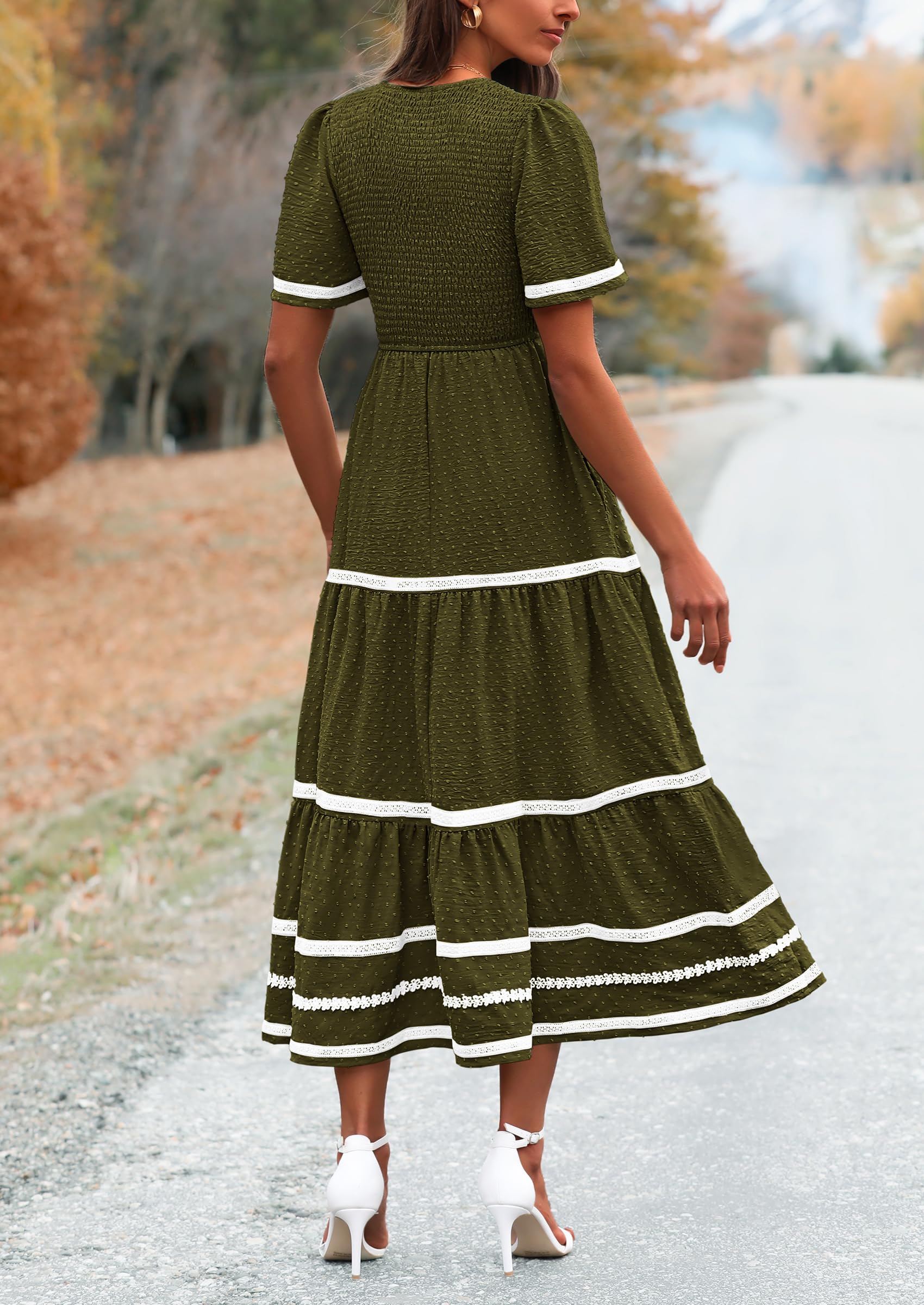 PRETTYGARDEN Women's Casual Summer Maxi Dress Short Sleeve Swiss Dot V Neck Smocked Long Flowy Beach Dresses