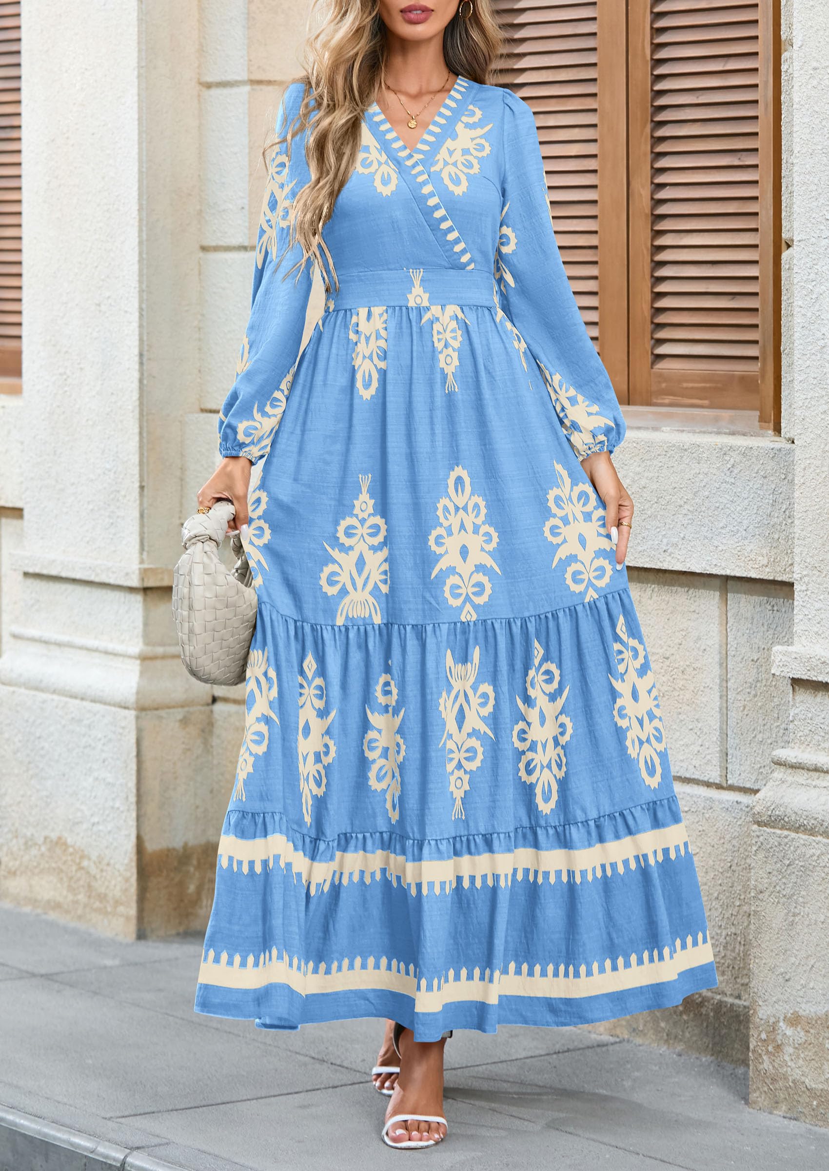 PRETTYGARDEN Women's Fall Wedding Guest Dresses Boho Floral Long Sleeve V Neck Flowy Elegant Maxi Dress Beach Clothes