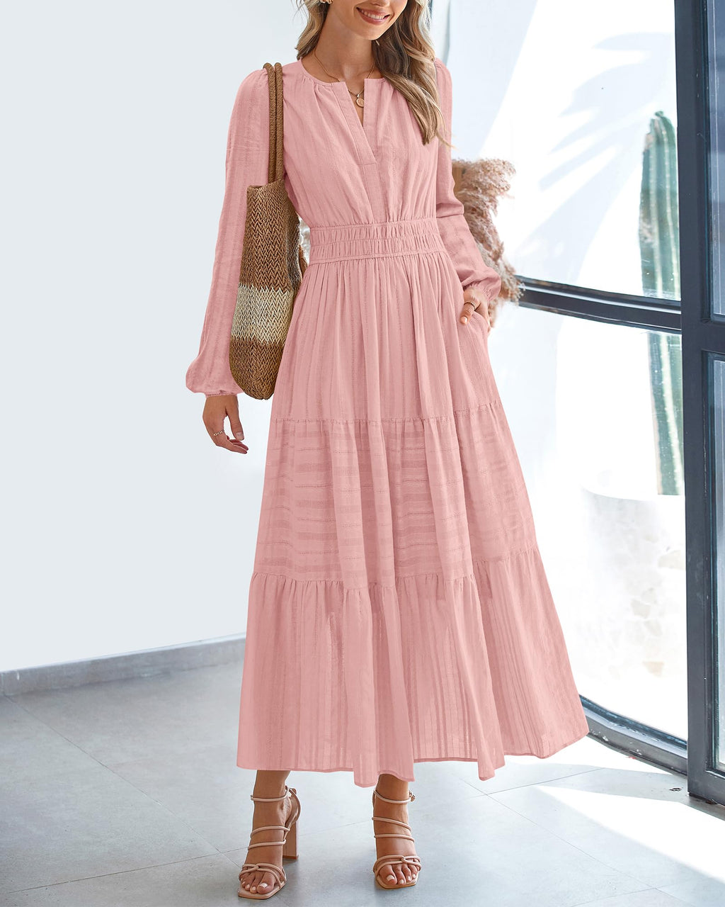 FreshPretty Fall Dresses for Women Casual Long Sleeve V Neck Elastic Waist Lightweight Maxi Wedding Guest Dress Pockets