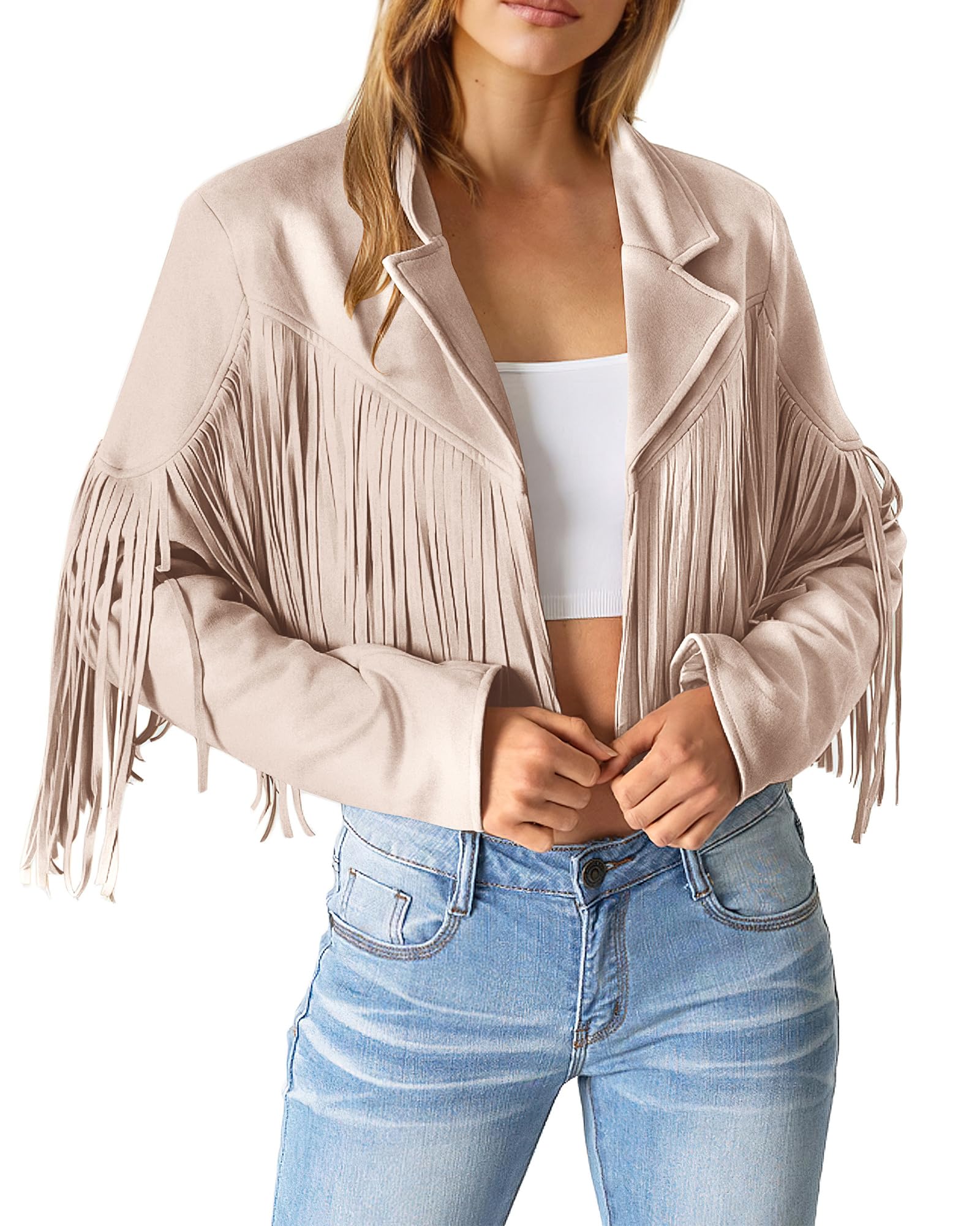 PRETTYGARDEN Women's Fringe Faux Suede Leather Jackets Fall Fashion Tassel Motorcycle Cropped Coats