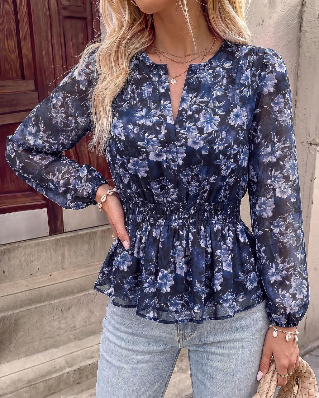 BTFBM Womens Tops Dressy Casual Floral V Neck Long Sleeve Chiffon Shirts | Chiffon Lantern Sleeve Flowy Peplum Sheer Top,Elastic Waist Babydoll Blouses,Boho Vacation Outfits,Fall Fashion Clothing