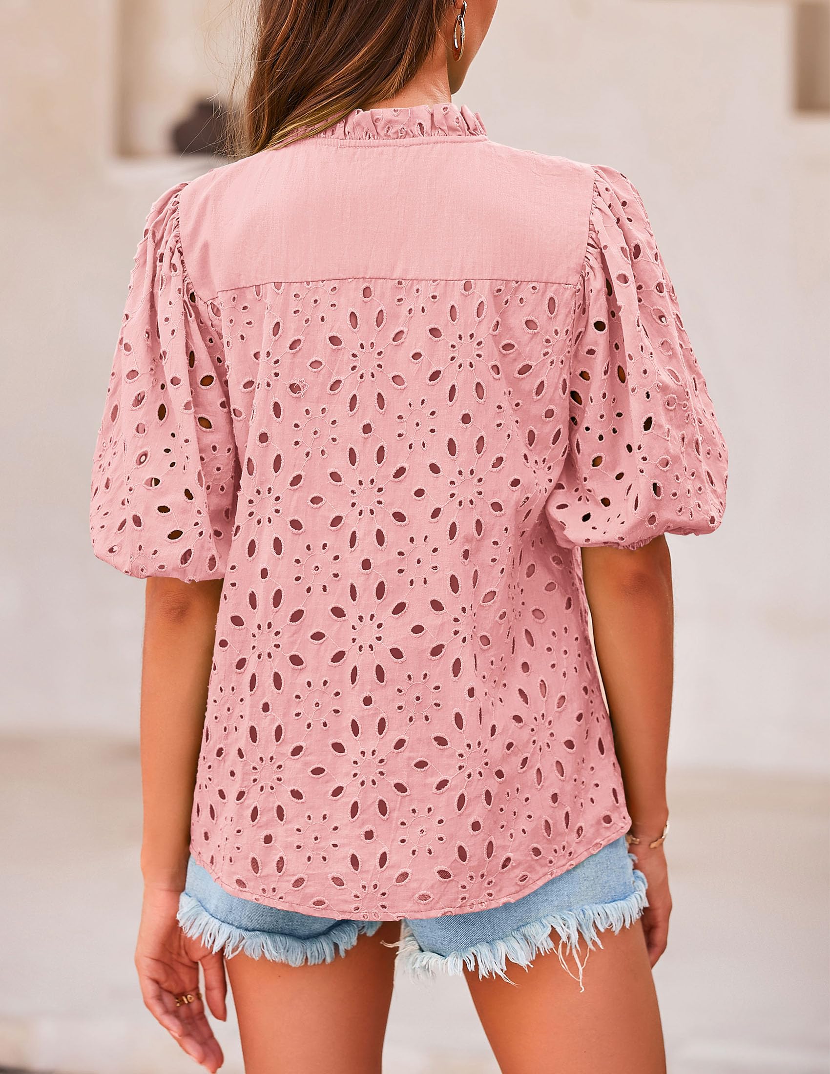 PRETTYGARDEN Women's Summer Tops Dressy Casual Short Sleeve V Neck Buttons Hollow Out Lace Embroidered Blouses Shirts
