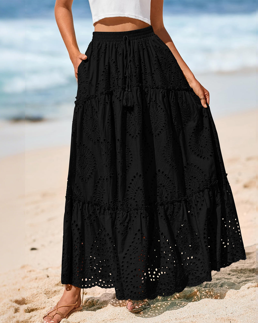 BTFBM Long Skirts for Women Summer Boho Lace Embroidery High Waist Flowy Tiered Spring Maxi Skirt Beach Vacation