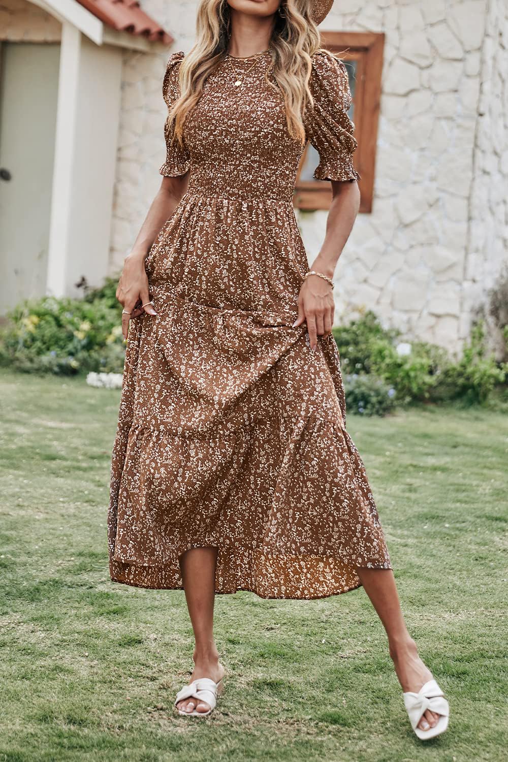 FreshPretty Women Casual Summer Dresses Spring Crew Neck Ruffle Short Sleeve Floral Print Smocked Boho Flowy Maxi Dress