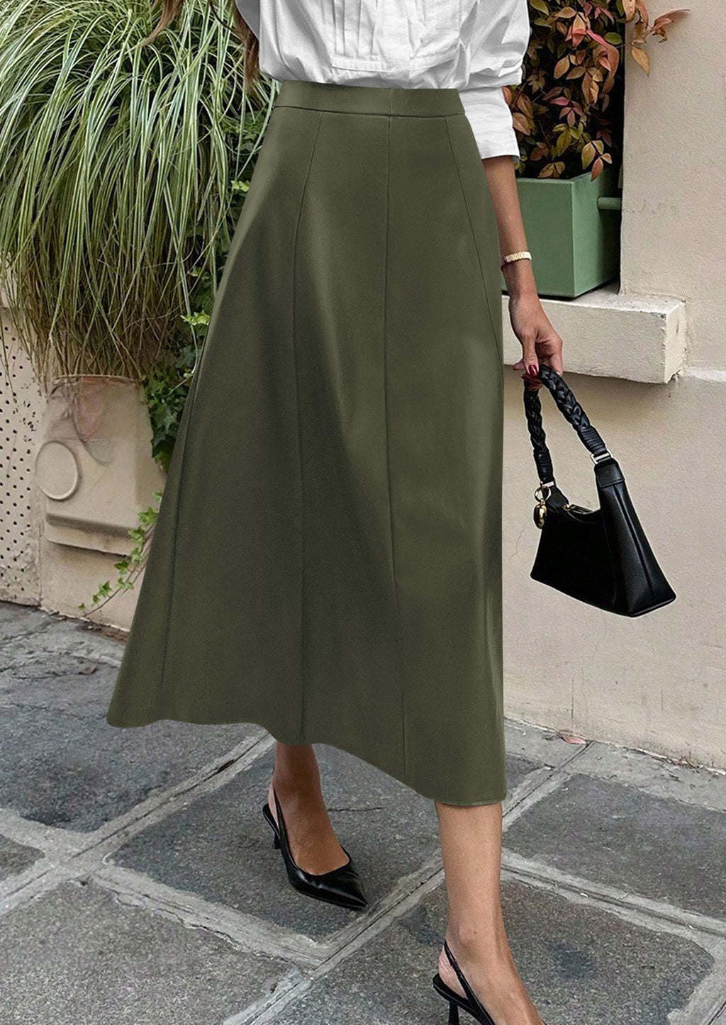 PRETTYGARDEN Womens Faux Leather High Waisted Midi Skirt | Flowy A Line Pleated Skirts, Elegant Swing Flared, Work Business Casual Outfits, Fall Winter Fashion Clothes