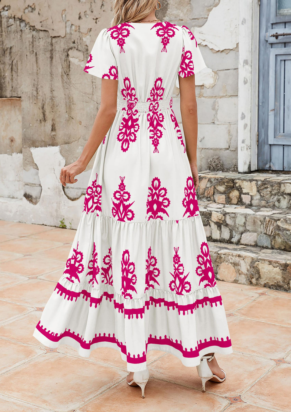 PRETTYGARDEN Womens Summer Casual V Neck Boho Maxi Dress Flowy Aline Bell Sleeve Tiered Floral Dresses with Pocket