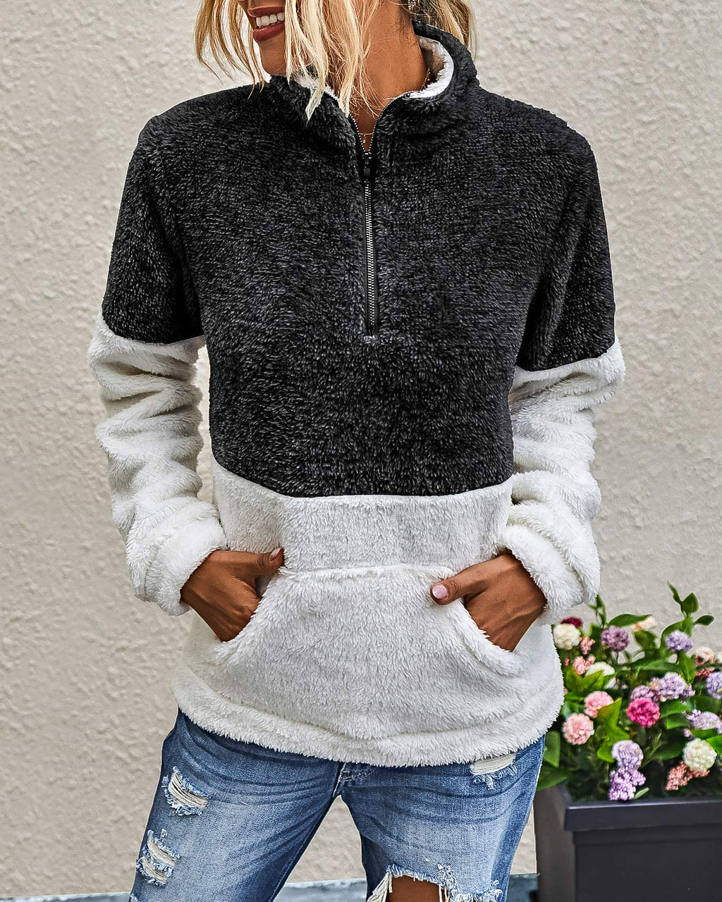BTFBM Womens Sweatshirt Sherpa Quarter Zip Pullover Fall Winter Long Sleeve Fleece Sweaters Hoodies Sweatshirts Clothes