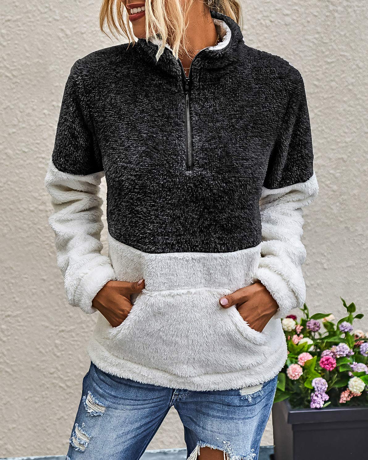 BTFBM Womens Sweatshirt Sherpa Quarter Zip Pullover Fall Winter Long Sleeve Fleece Sweaters Hoodies Sweatshirts Clothes