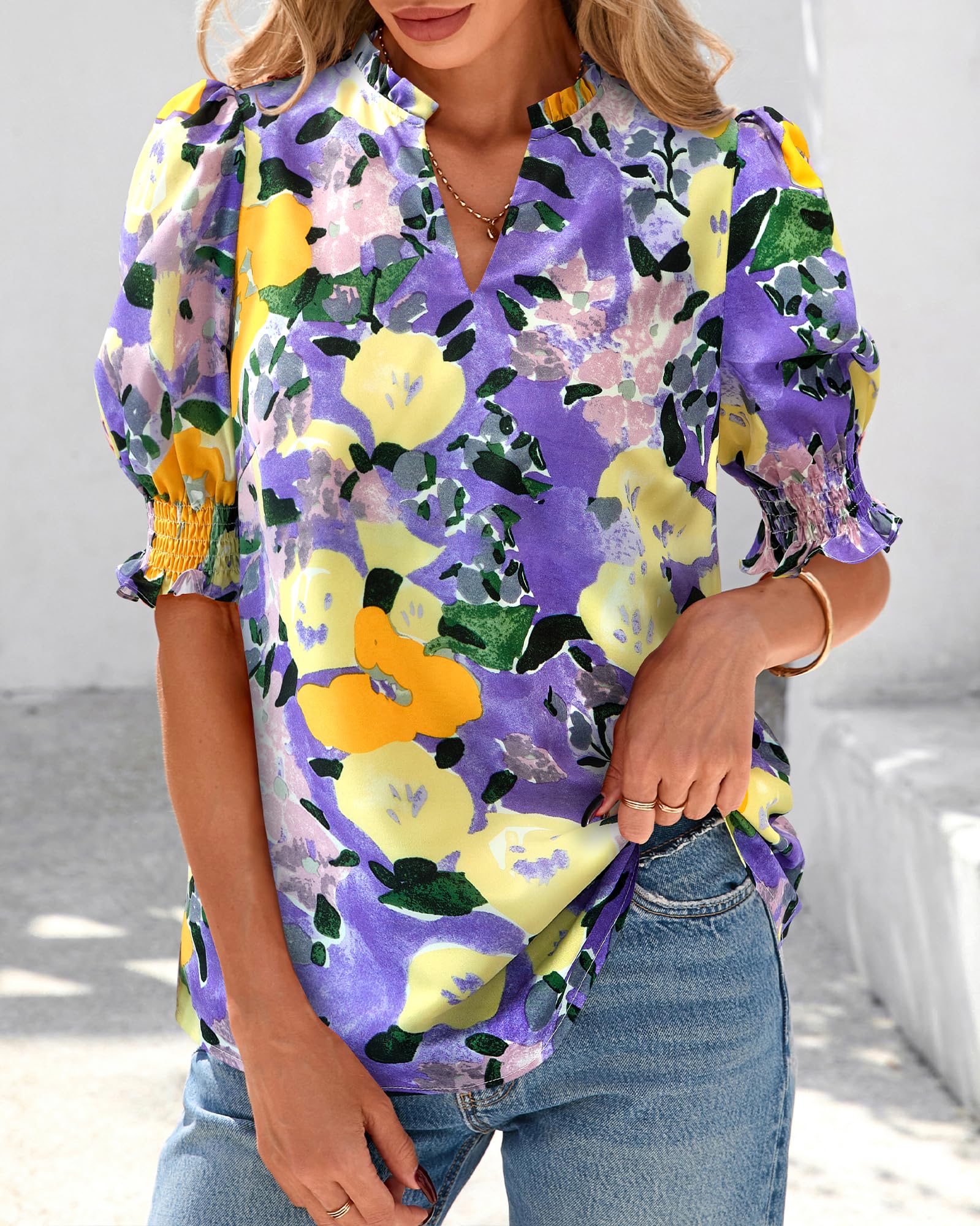 FreshPretty Summer Blouses for Women Dressy Casual  Fashion Spring Tops Floral Boho V Neck Puff Short Sleeve Top Shirts