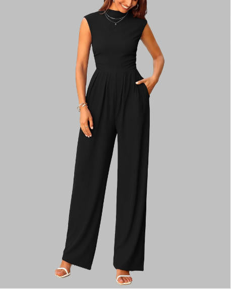 FreshPretty Womens Jumpsuit Dressy Casual Summer Outfits One Piece Cap Sleeve Mock Neck Wide Leg Pants Rompers with Pockets