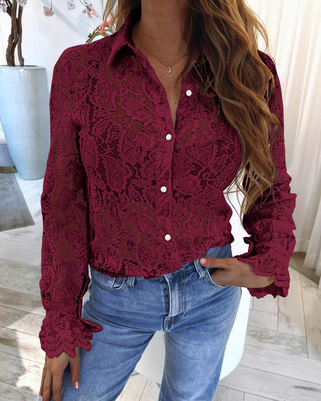FreshPretty Long Sleeve Lace Blouses for Women Spring Dressy Casual Button Down Shirts Date Night Outfit Club Party Tops