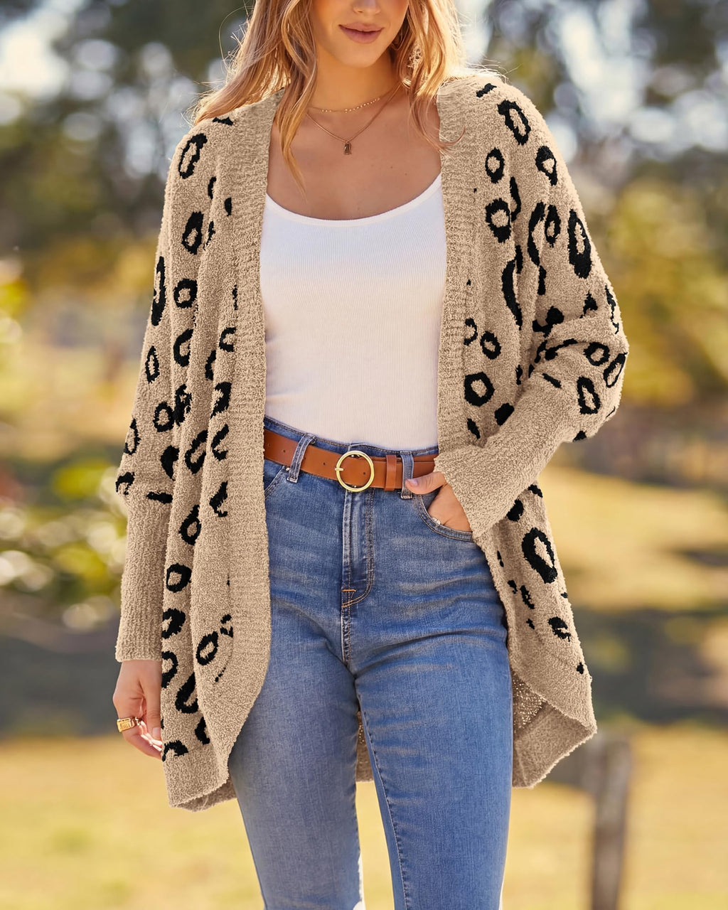 BTFBM Leopard Cardigan for Women Long Sleeve Open Front Cardigans Sweaters Pockets Loose Knit Fall Spring Outwear