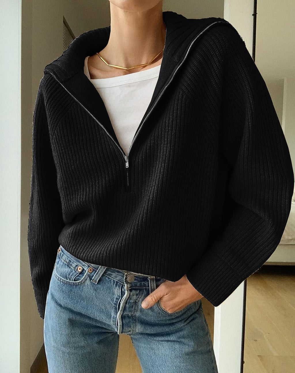 FreshPretty Womens Sweaters Quarter Zip Pullover V Neck Collar Long Sleeve Ribbed Knit Loose Casual Winter Fall Sweater