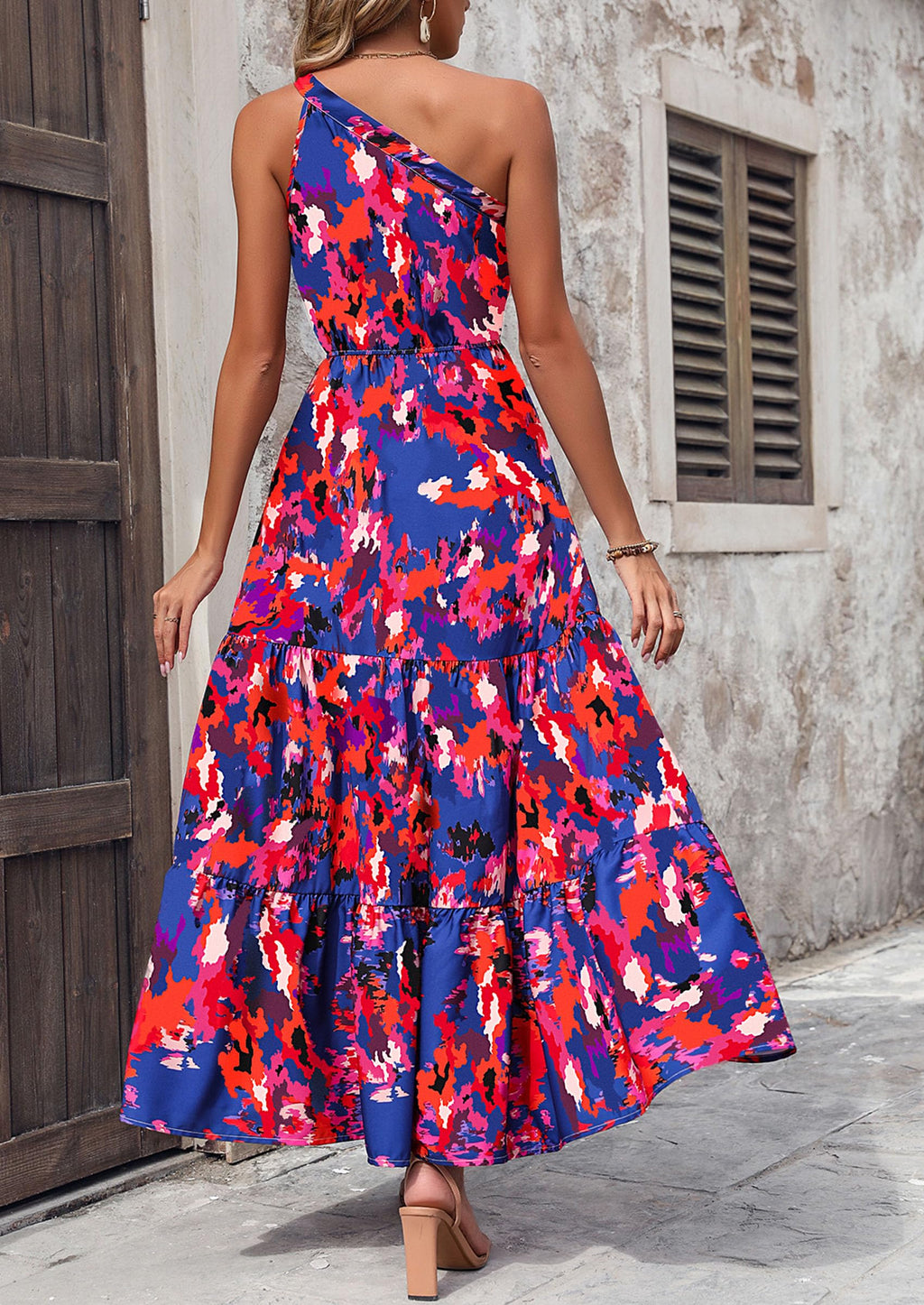 PRETTYGARDEN Women's Summer Floral One Shoulder Maxi Dress Knot Ruffle Boho Beach Vacation Wedding Guest Long Sun Dresses