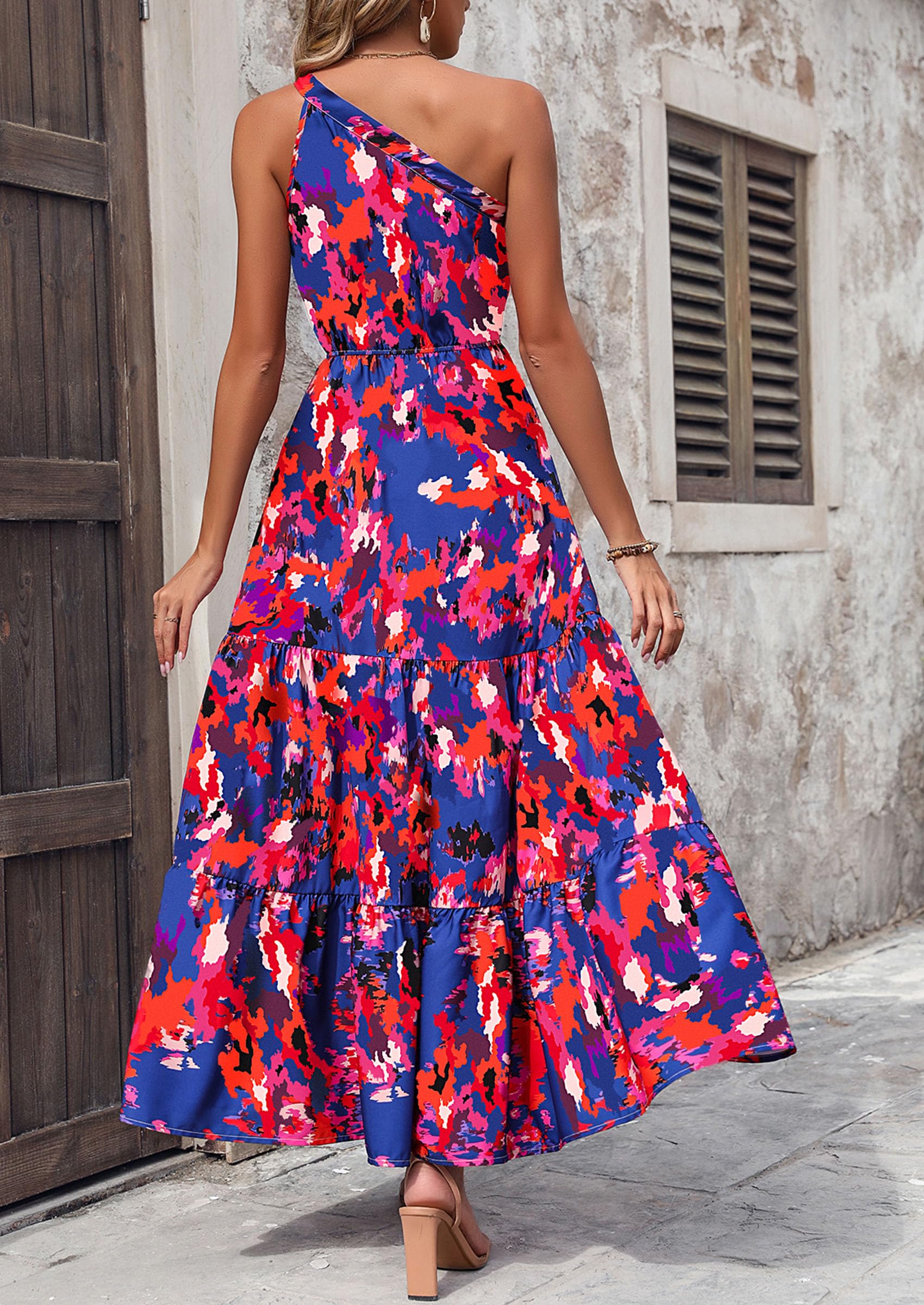 PRETTYGARDEN Women's Summer Floral One Shoulder Maxi Dress Knot Ruffle Boho Beach Vacation Wedding Guest Long Sun Dresses