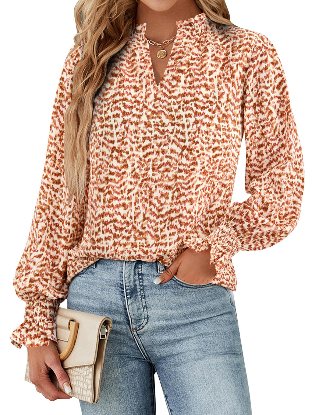 FreshPretty Womens V Neck Floral Long Sleeve Tops Summer Casual Loose Puff Sleeve Chiffon Boho Work Blouse Dressy T Shirts
