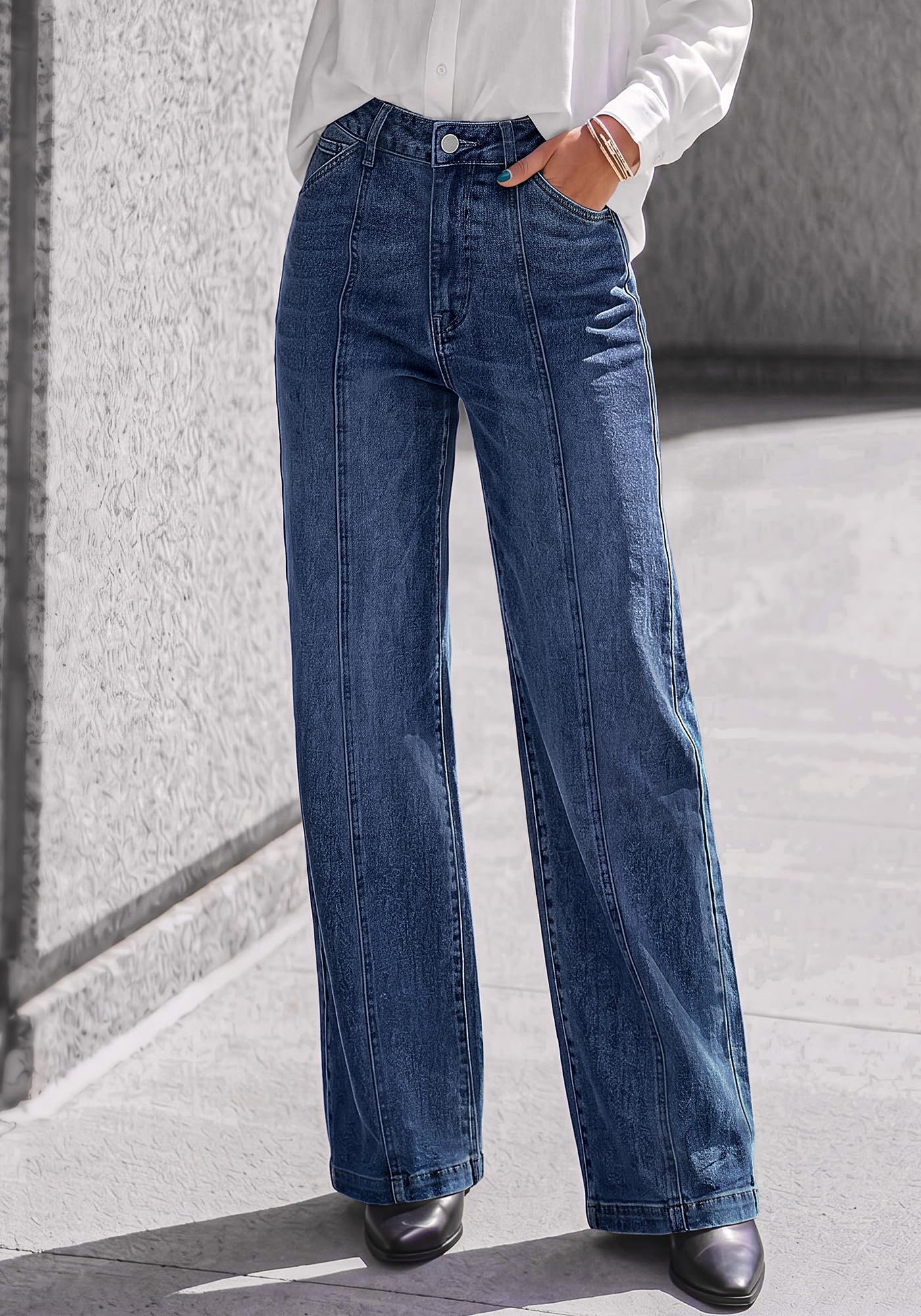 BTFBM Front Seam Stretchy Wide Straight Leg Jeans for Women Trendy Boyfriend Baggy Denim Jeans, High Waisted Palazzo Pants, 5-Pocket, Relaxed Fit, Full Length, Casual Bottoms, Fall Outfits