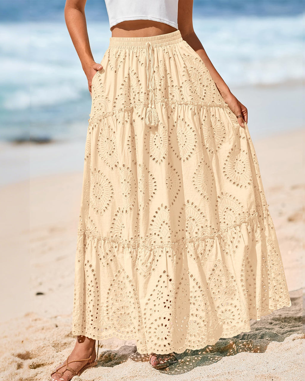 BTFBM Long Skirts for Women Summer Boho Lace Embroidery High Waist Flowy Tiered Spring Maxi Skirt Beach Vacation