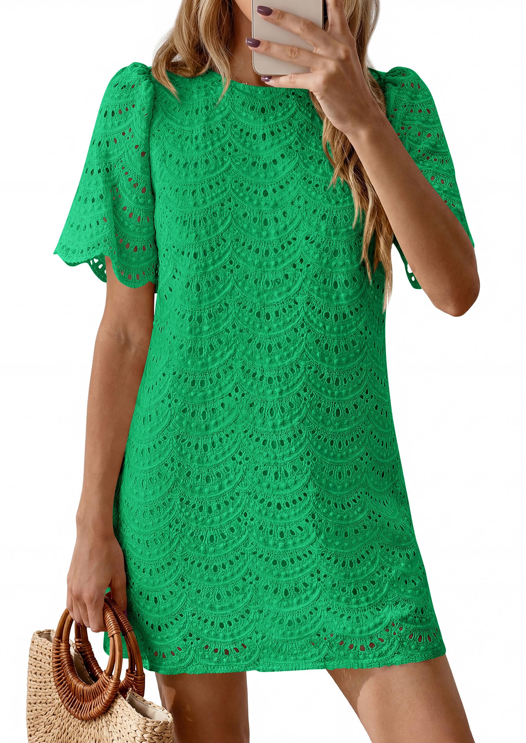 PRETTYGARDEN Women's Summer Casual Short Dresses Embroidered Lace Short Sleeve Boho Mini Dress Beach Vacation Clothes