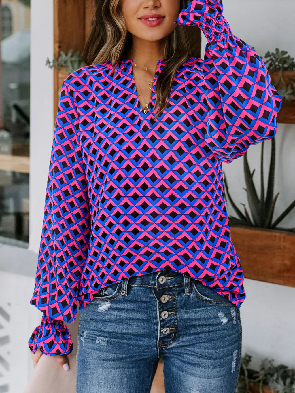 FreshPretty Womens V Neck Floral Long Sleeve Tops Summer Casual Loose Puff Sleeve Chiffon Boho Work Blouse Dressy T Shirts