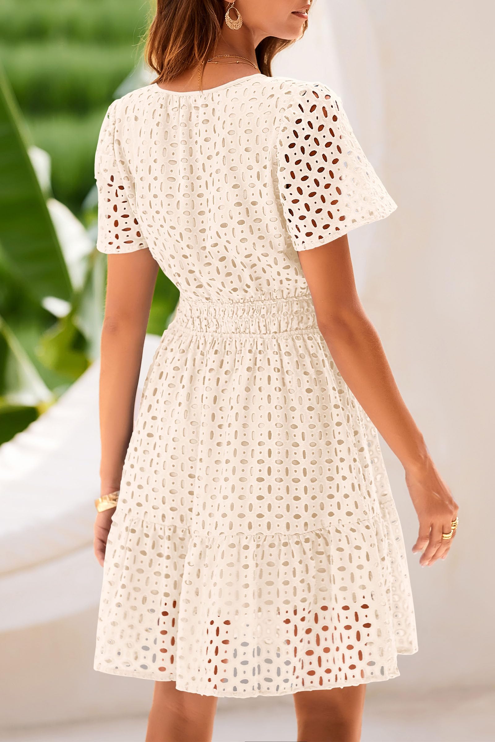 PRETTYGARDEN Womens Summer Short Dress V Neck Short Sleeve A Line Hollow Out Lace Ruffle Cute Casual Beach Party Dresses