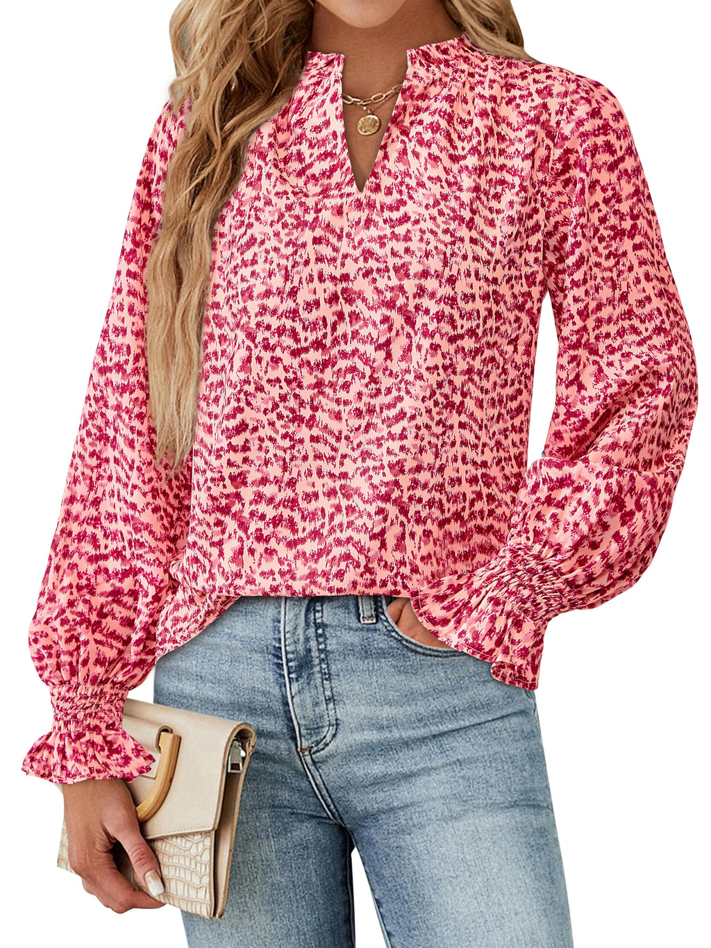 FreshPretty Womens V Neck Floral Long Sleeve Tops Summer Casual Loose Puff Sleeve Chiffon Boho Work Blouse Dressy T Shirts