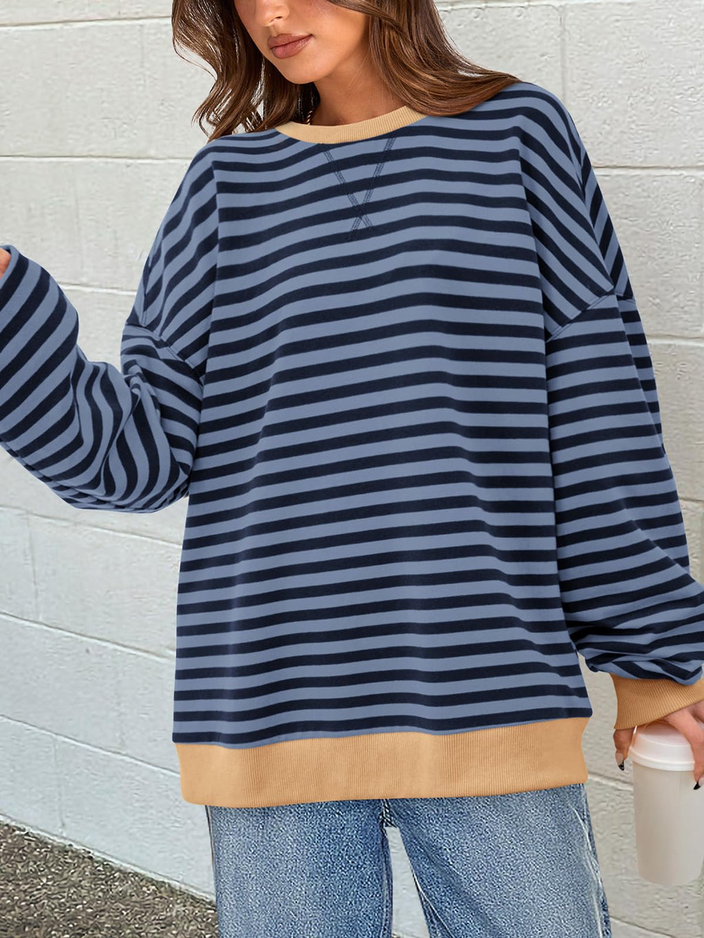 PRETTYGARDEN Womens Striped Oversized Sweatshirt Color Block Crew Neck Long Sleeve Casual Loose Pullover Top Y2K Clothes