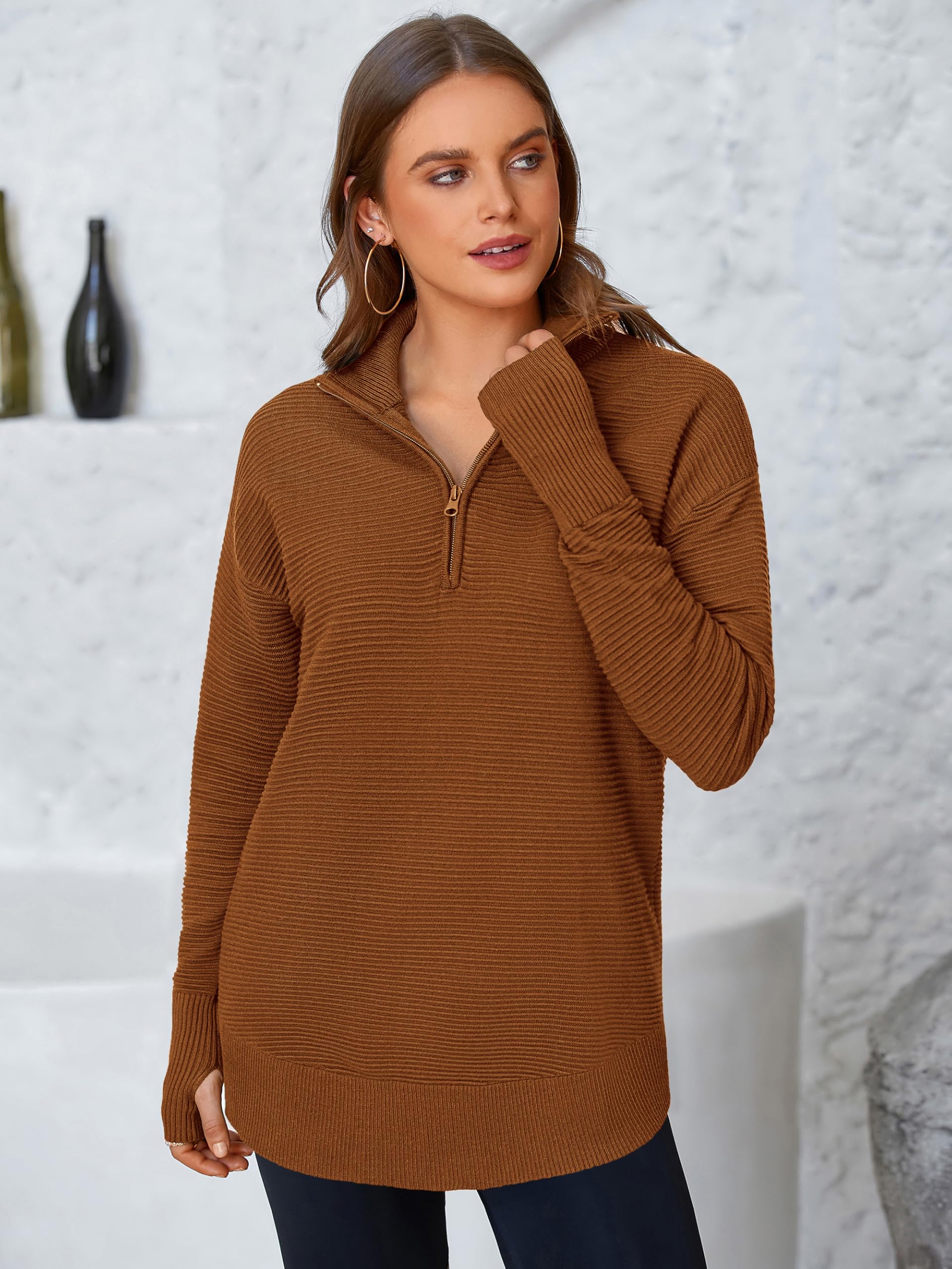 PRETTYGARDEN Womens Long Sleeve Quarter Zip Pullover Sweater Casual Loose V Neck Collared Ribbed Knit Jumper Tops Thumb Hole