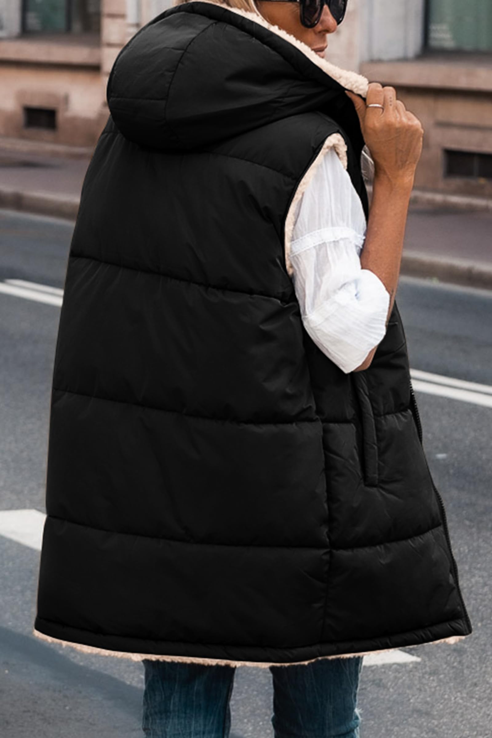 PRETTYGARDEN Womens Fall Reversible Long Vests Sleeveless Fleece Jacket Zip Up Hoodie Pockets Warm Coat Winter Clothing