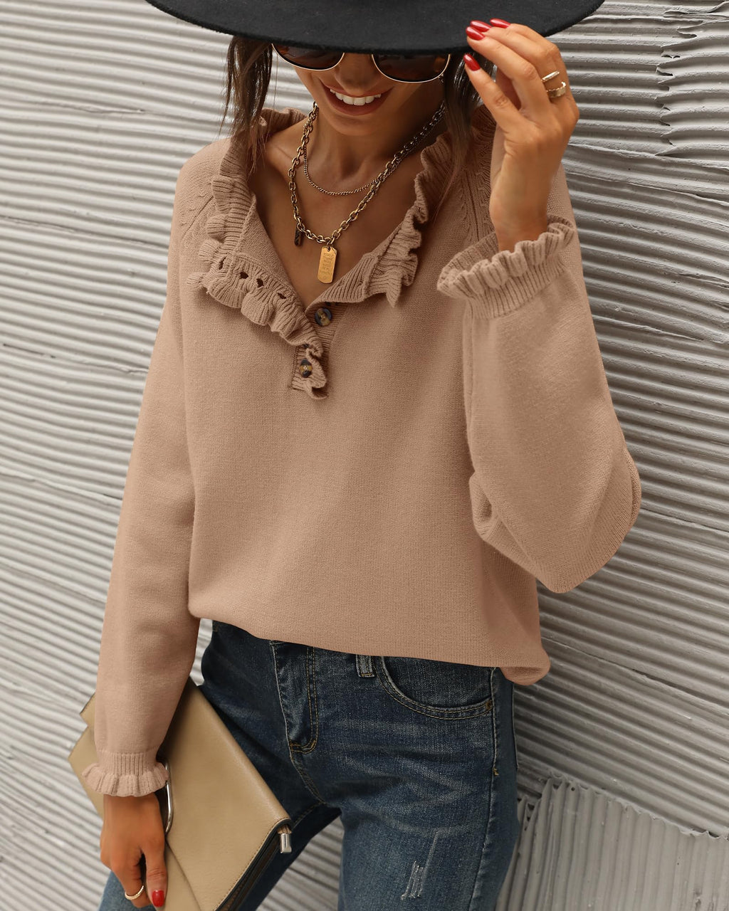 FreshPretty Womens Sweaters Fall Winter Clothes Long Sleeve Button Down Ruffle Crew Neck Casual Knitted Pullover Tops
