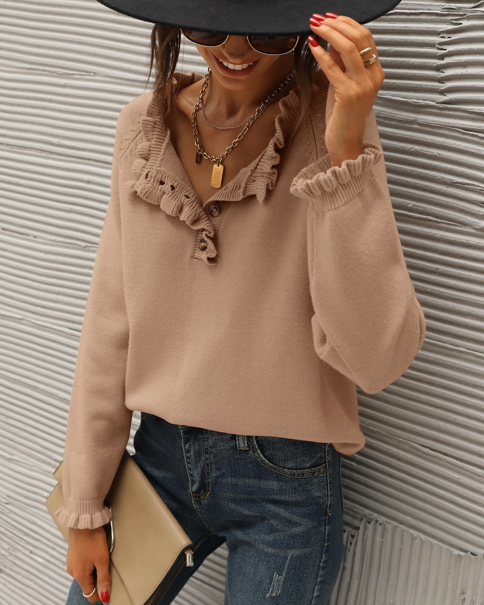 FreshPretty Womens Sweaters Fall Winter Clothes Long Sleeve Button Down Ruffle Crew Neck Casual Knitted Pullover Tops