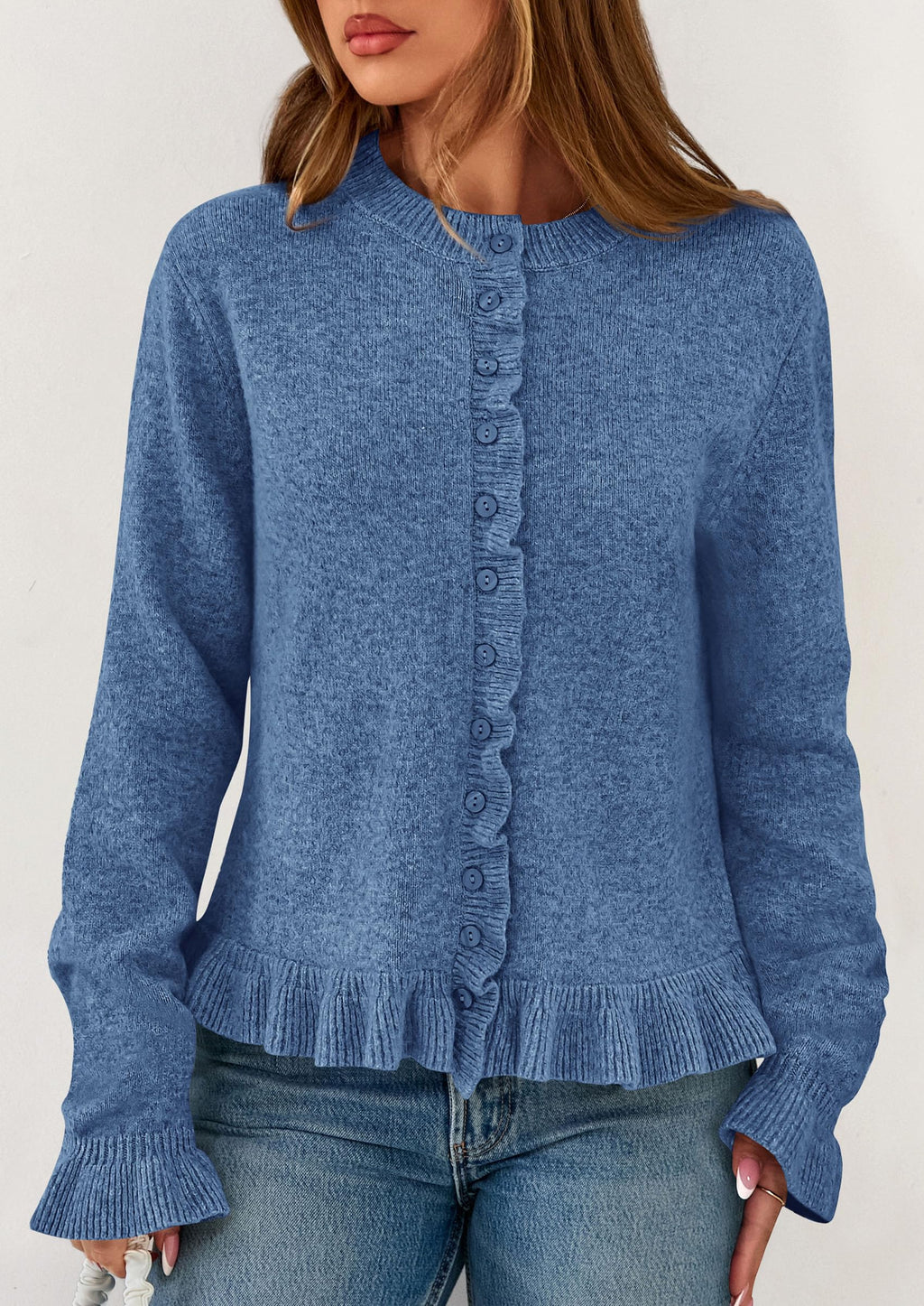 PRETTYGARDEN Womens Fall Button Down Cardigans Chunky Knit Ruffle Open Front Cropped Cardigan Sweaters Soft Long Sleeve Tops