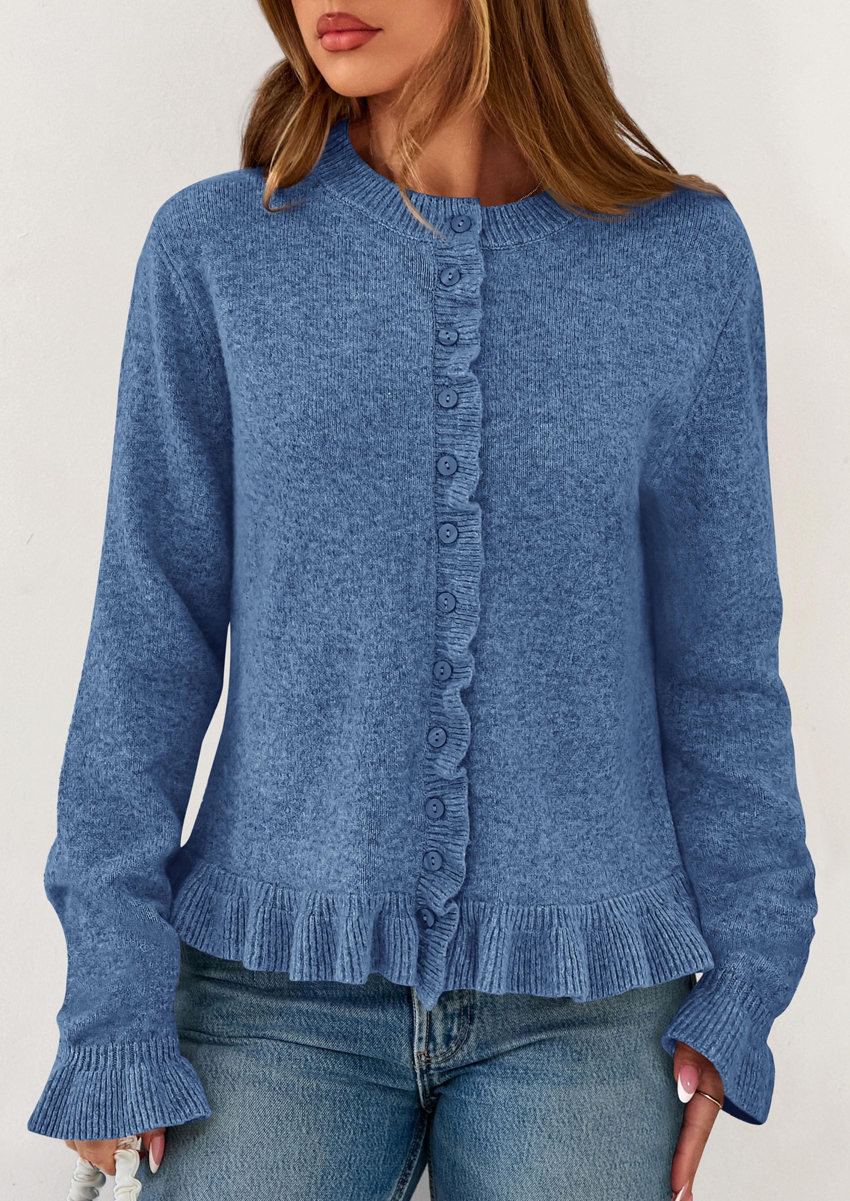 PRETTYGARDEN Womens Fall Button Down Cardigans Chunky Knit Ruffle Open Front Cropped Cardigan Sweaters Soft Long Sleeve Tops